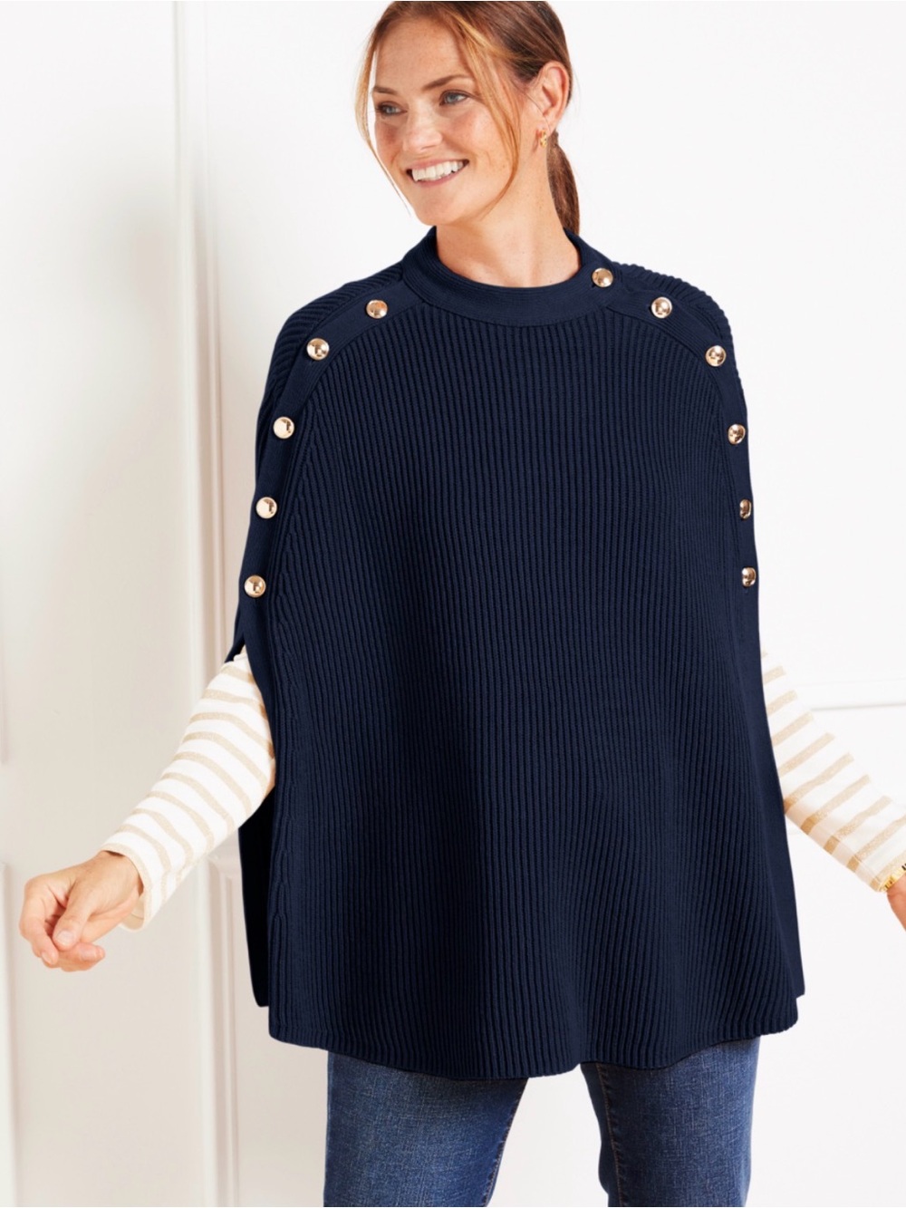 NEW Talbots Navy Gold Button-Shoulder Classic Preppy Ribbed Knit Cape Size XS